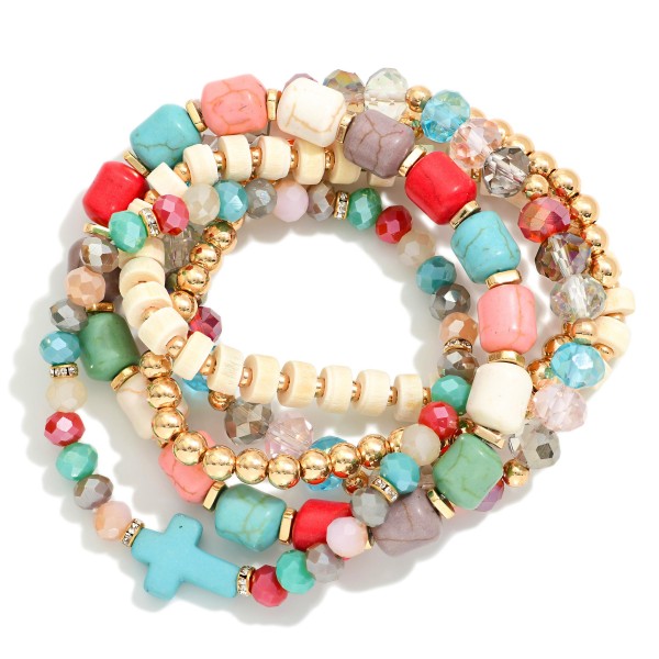Set Of Five Beaded Stretch Bracelets Featuring Metal Tones, Stone, & Faceted Beads 

- Approximately 3" D