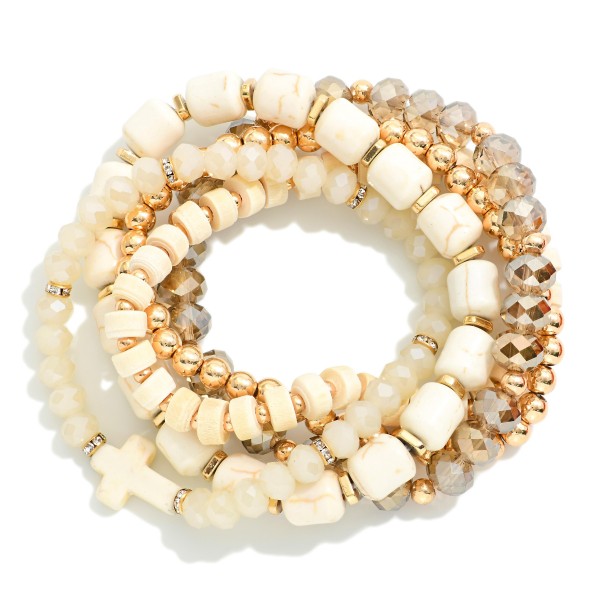 Set Of Five Beaded Stretch Bracelets Featuring Metal Tones, Stone, & Faceted Beads 

- Approximately 3" D