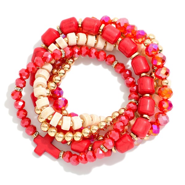 Set Of Five Beaded Stretch Bracelets Featuring Metal Tones, Stone, & Faceted Beads 

- Approximately 3" D