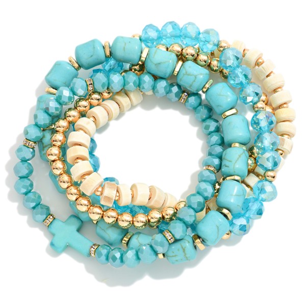 Set Of Five Beaded Stretch Bracelets Featuring Metal Tones, Stone, & Faceted Beads 

- Approximately 3" D