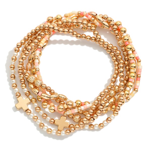 Wholesale set Six Beaded Stretch Bracelets Metal Tones Heishi Beads Plus Crosses