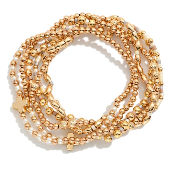 Wholesale set Six Beaded Stretch Bracelets Metal Tones Heishi Beads Plus Crosses