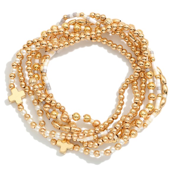 Wholesale set Six Beaded Stretch Bracelets Metal Tones Heishi Beads Plus Crosses