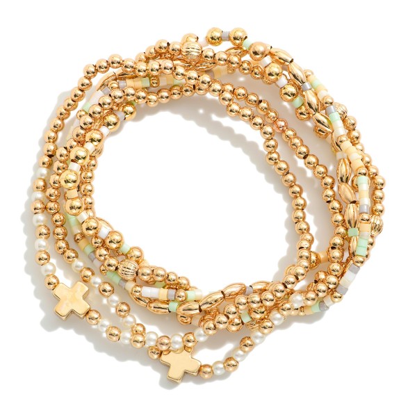 Wholesale set Six Beaded Stretch Bracelets Metal Tones Heishi Beads Plus Crosses