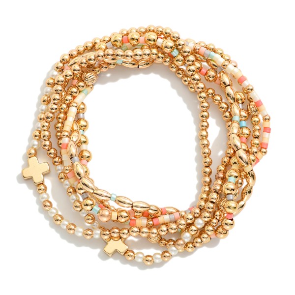 Wholesale set Six Beaded Stretch Bracelets Metal Tones Heishi Beads Plus Crosses