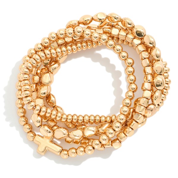 Set Of Five Metal Tone Geometric Shape Bead Beaded Stretch Bracelets 

- Approximately 2.5" D