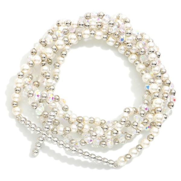 Set Of Five Beaded Stretch Bracelets Featuring Pearls, Faceted Beads, & Metal Tone East West Bubble Cross 

- Approximately 2.5" D