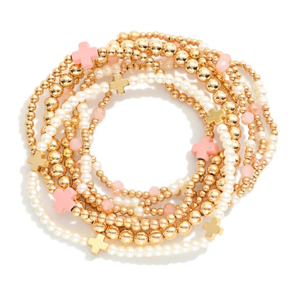 Set Of Seven Gold Tone Beaded Bracelet Featuring Criss Cross Bead And Pearls 

- Approximately 2.5" D 