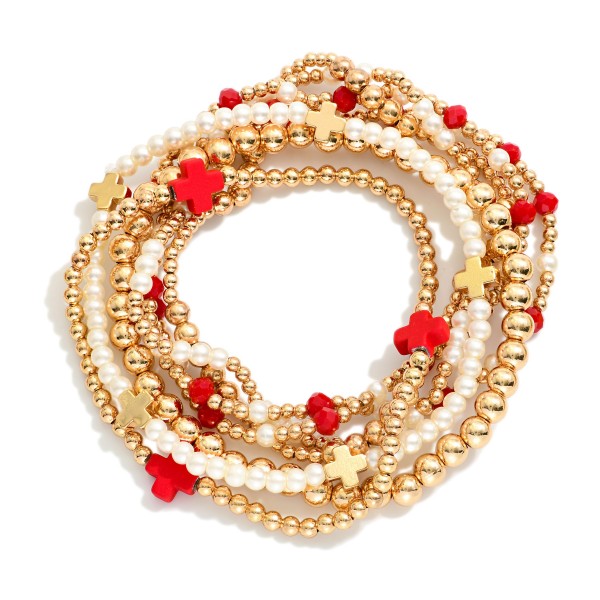 Set Of Seven Gold Tone Beaded Bracelet Featuring Criss Cross Bead And Pearls 

- Approximately 2.5" D 