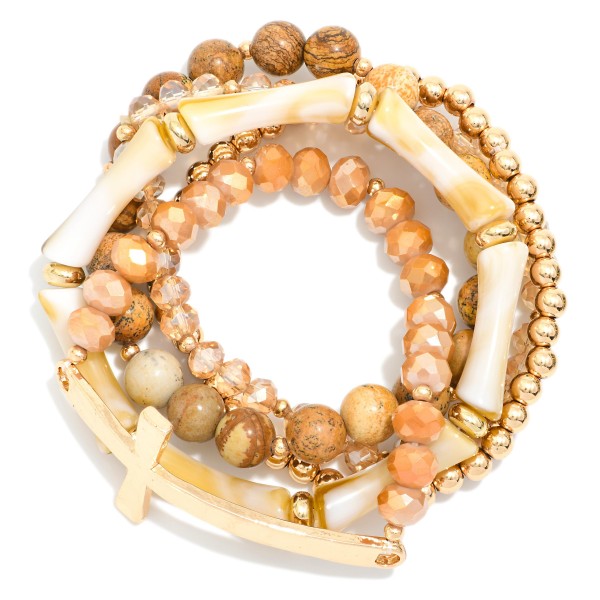 Set Of Five Beaded Stretch Bracelets Featuring Stone Beads & Metal Tone East West Cross
- Approximately 2.75" D