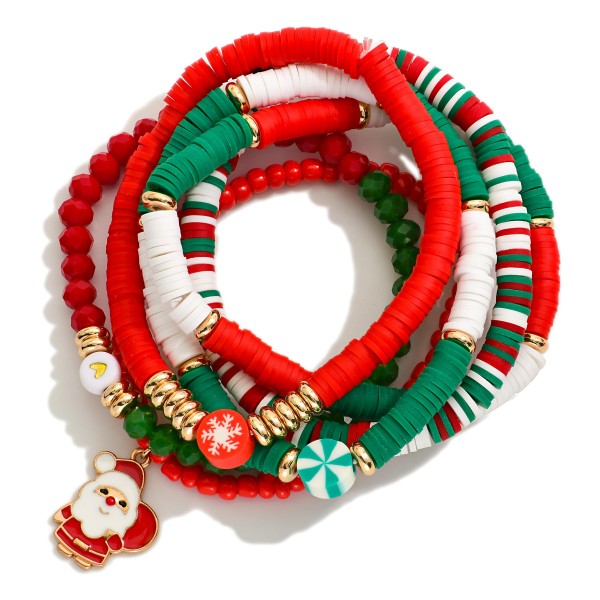 Set Of Six Christmas Themed Heishi Beaded Bracelet Featuring Gold Tones And Faceted Class Beads 

-Approximately 3" L 