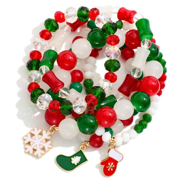 Set Of Five Mixed Bead Stretch Bracelet Featuring Christmas Charms 

- Approximately 3" D 
