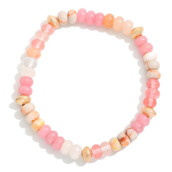 Stone Beaded Stretch Bracelet Featuring Gold Tone Textured Beaded Stations

- Approximately 2.25" D

