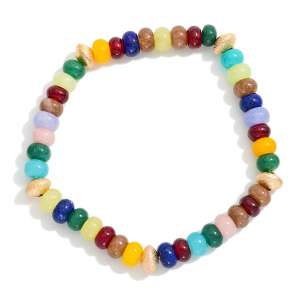 Stone Beaded Stretch Bracelet Featuring Gold Tone Textured Beaded Stations

- Approximately 2.25" D

