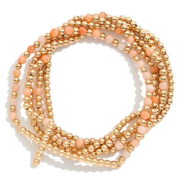 Set Of Five Beaded Stretch Bracelets Featuring Stone, Metal Tones, & Bubble East West Cross 

- Approximately 2.5" D