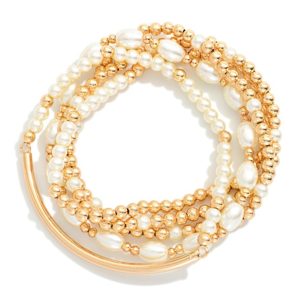 Set OF Five Pearl & Metal Tone Beaded Stretch Bracelet Featuring Metal Tube

- Approximately 3" L


