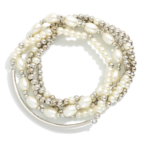 Set OF Five Pearl & Metal Tone Beaded Stretch Bracelet Featuring Metal Tube

- Approximately 3" L


