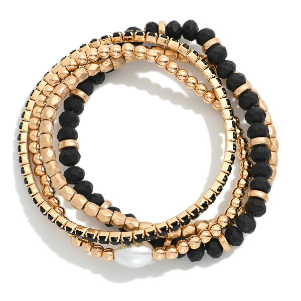 Set Of Four Mixed Bead Bracelet Featuring Gold Tones & Pearl 

- Approximately 2.5" L