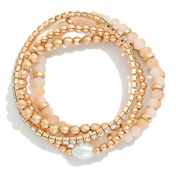 Set Of Four Mixed Bead Bracelet Featuring Gold Tones & Pearl 

- Approximately 2.5" L