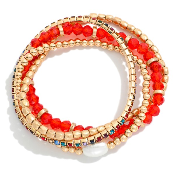 Set Of Four Mixed Bead Bracelet Featuring Gold Tones & Pearl 

- Approximately 2.5" L