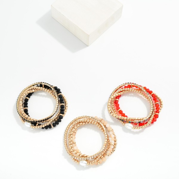 Set Of Four Mixed Bead Bracelet Featuring Gold Tones & Pearl 

- Approximately 2.5" L