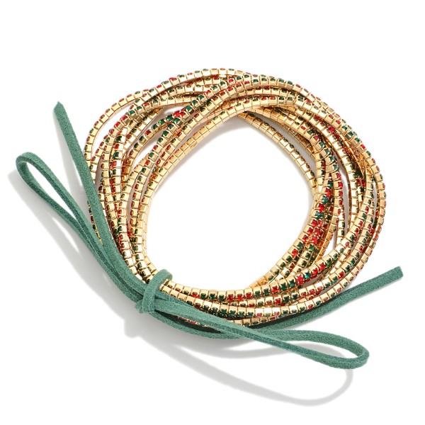 Set Of 12 Rhinestone Beaded Stretch Bracelets With Vegan Leather Bow Detail 

- Approximately 2.5" D