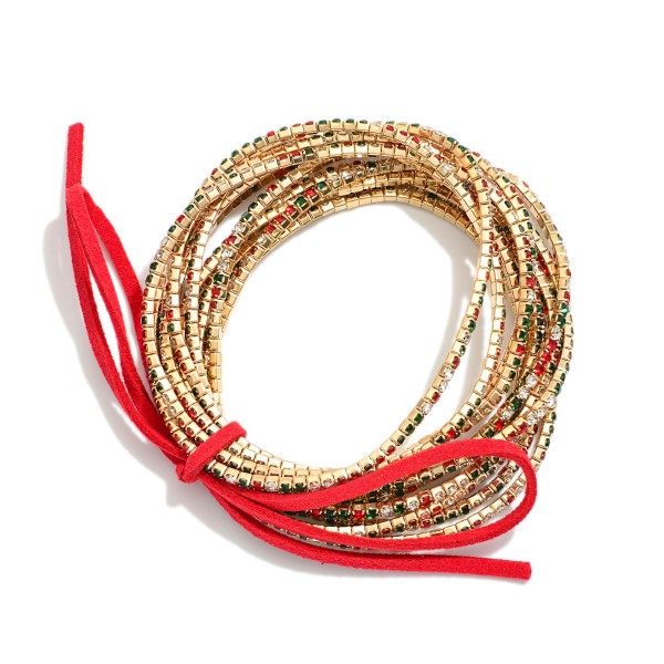 Set Of 12 Rhinestone Beaded Stretch Bracelets With Vegan Leather Bow Detail 

- Approximately 2.5" D