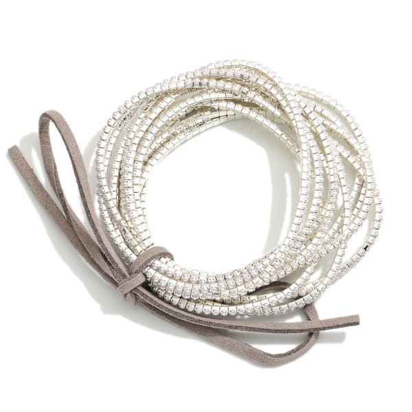 Set Of 12 Rhinestone Beaded Stretch Bracelets With Vegan Leather Bow Detail 

- Approximately 2.5" D