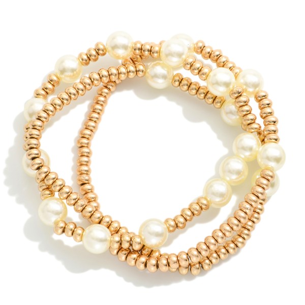 Set Of Three Metal Tone Beaded Bracelet Featuring Pearl Details 

- Approximately 2.5" D