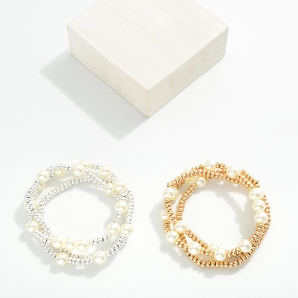 Set Of Three Metal Tone Beaded Bracelet Featuring Pearl Details 

- Approximately 2.5" D