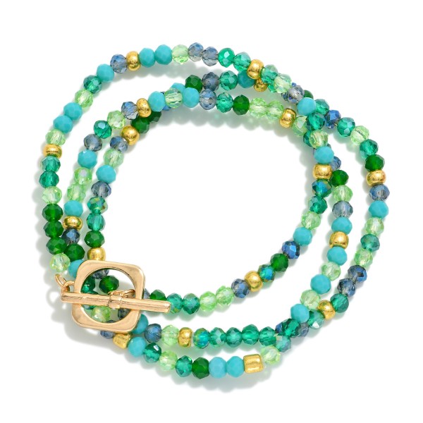 Set Of Three Beaded Stretch Bracelet Featuring Faceted Beads & Gold Metal Tone Stations 

- Approximately 3" D 