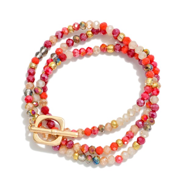 Set Of Three Beaded Stretch Bracelet Featuring Faceted Beads & Gold Metal Tone Stations 
- Approximately 3" D