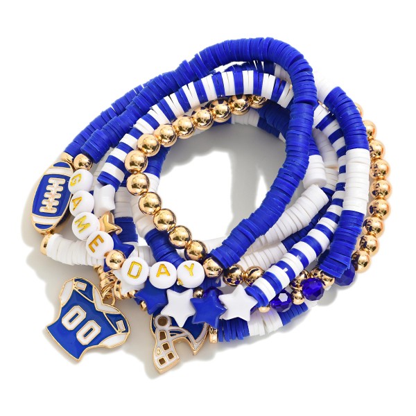 Set Of Seven "Game Day" Heishi Beaded Bracelet Featuring Charms, Gold Tones, And Faceted Beads 

- Approximately 3.5" D 