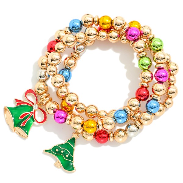 Set Of Three Metal Tone Beaded Bracelets Featuring Colorful Metallic Beads & Enamel Christmas Bell Charms 

- Approximately 3.25" D