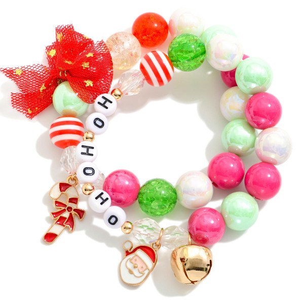 Set Of Two Christmas Themed Bubble Bead Stretch Bracelet Featuring "HOHOHO" Beads, Charms and Gold Tones
