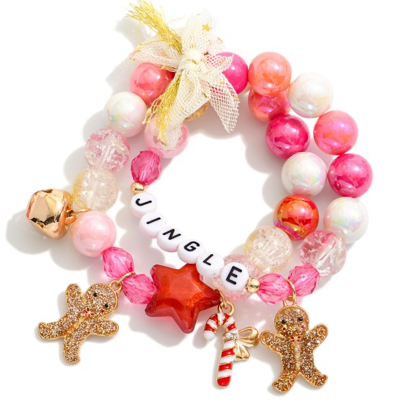 Set Of Two Christmas Themed Bubble Beaded Bracelet With "JINGLE"  Beads Featuring Christmas Charms, Gold Tones And Bow 

- Approximately 4" D
