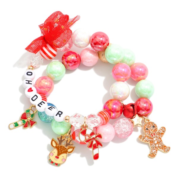Set Of Two Beaded Stretch Bracelets Featuring "OH DEER" Beads & Christmas Charms 