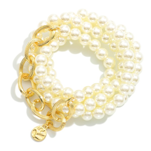 Set Of Four Pearl Beaded Bracelets Featuring Metal Tone Chain Link Detail 

- Approximately 3" D