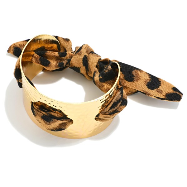 Thick Hammered Metal Cuff Bangle With Threaded leopard Print Design 

- Approximately 2.75