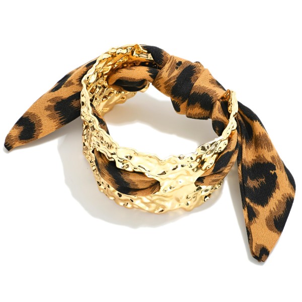 Thick Hammered Metal Cuff Bangle With Threaded leopard Print Design 

- Approximately 2.75