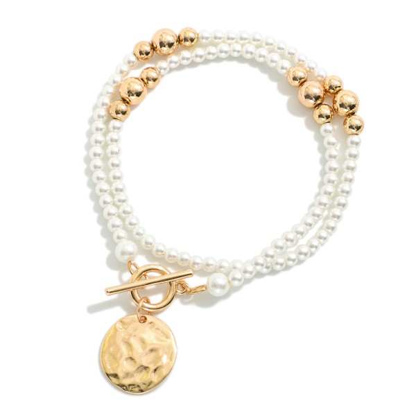 Pearl & Metal Tone Bead Beaded Necklace Featuring Toggle Clasp & Hammered Metal Circle Pendant

- Approximately 18" L
