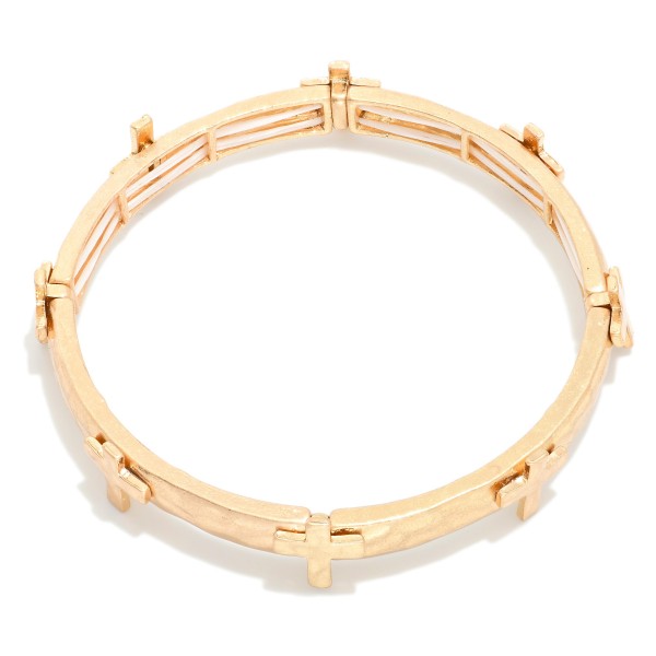Metal Tone Stretch Bangle Bracelet Featuring Cross Station 

- Approximately 2.75" D 