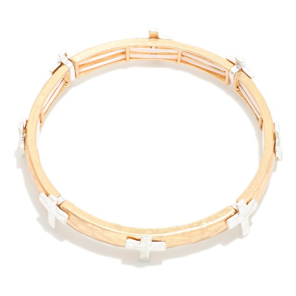 Metal Tone Stretch Bangle Bracelet Featuring Cross Station 

- Approximately 2.75" D 