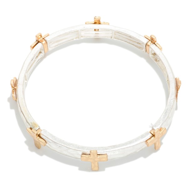 Metal Tone Stretch Bangle Bracelet Featuring Cross Station 

- Approximately 2.75" D 