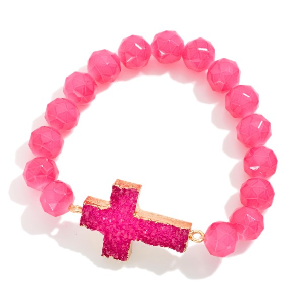 Glass Crystal Beaded Stretch Bracelet Featuring Crystal Cross Pendent 

- Approximately 2.75" D 