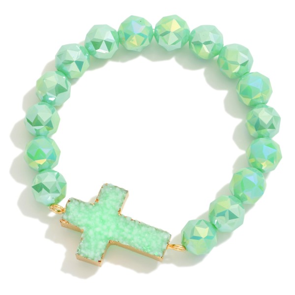 Glass Crystal Beaded Stretch Bracelet Featuring Crystal Cross Pendent 

- Approximately 2.75" D 