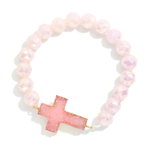 Glass Crystal Beaded Stretch Bracelet Featuring Crystal Cross Pendent 

- Approximately 2.75" D 