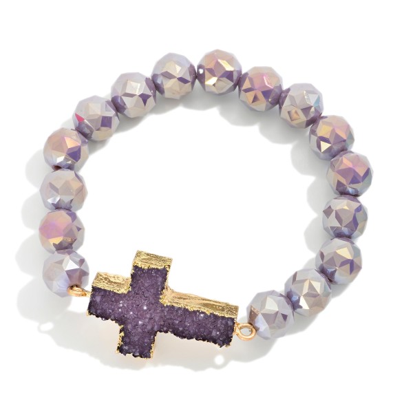 Glass Crystal Beaded Stretch Bracelet Featuring Crystal Cross Pendent 

- Approximately 2.75" D 