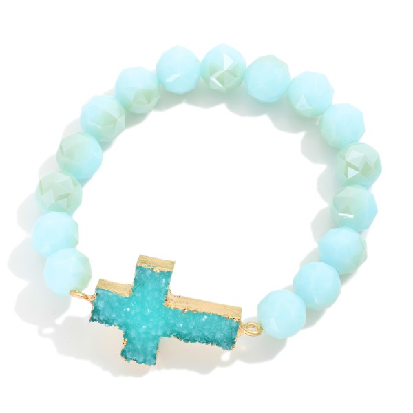 Glass Crystal Beaded Stretch Bracelet Featuring Crystal Cross Pendent 

- Approximately 2.75" D 