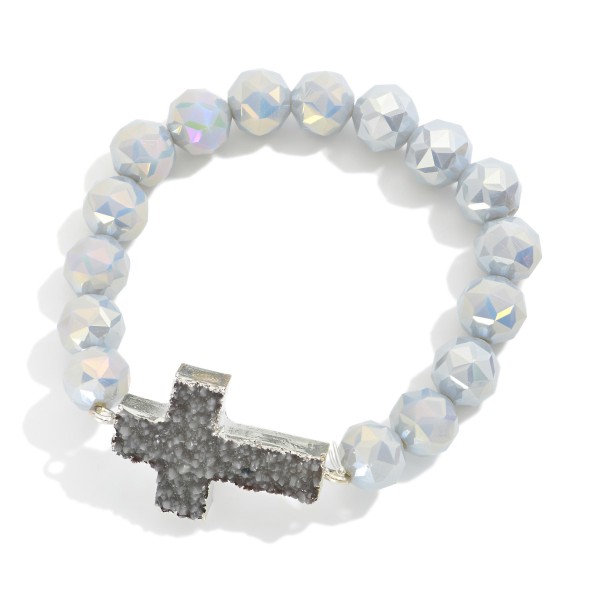 Glass Crystal Beaded Stretch Bracelet Featuring Crystal Cross Pendent 

- Approximately 2.75" D 